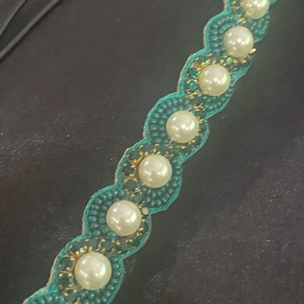 handmade hair bandElegant Teal and Gold Pearl headband fro deepa..New without ta